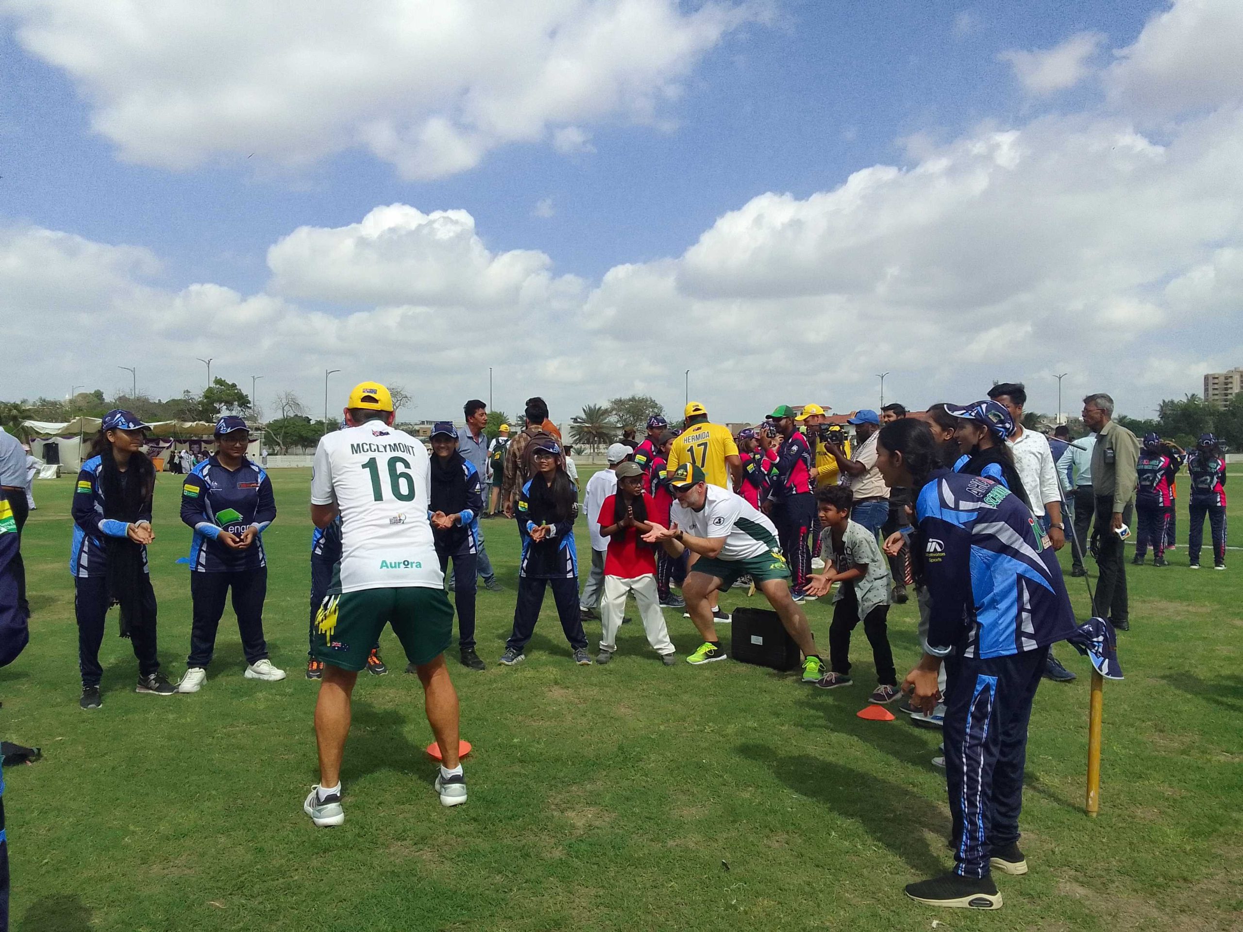 girls practicing with the australia over 40 world cup players at the australian high commission sponsored girls cup tournament at the national stadium photo natasha raheel